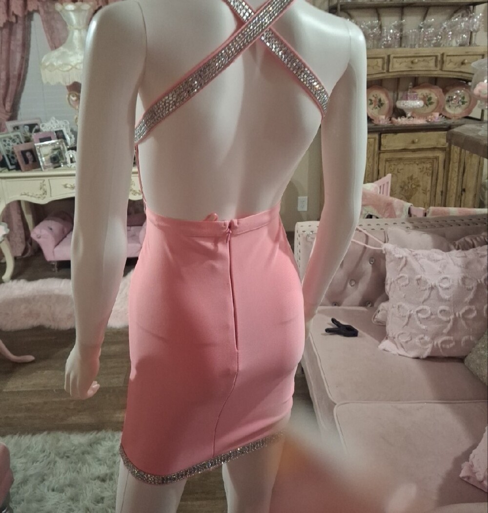 Pink Rhinestone Embellished Plunge Halter Bodycon Mini Dress NWT Size XS - Picture 4 of 8